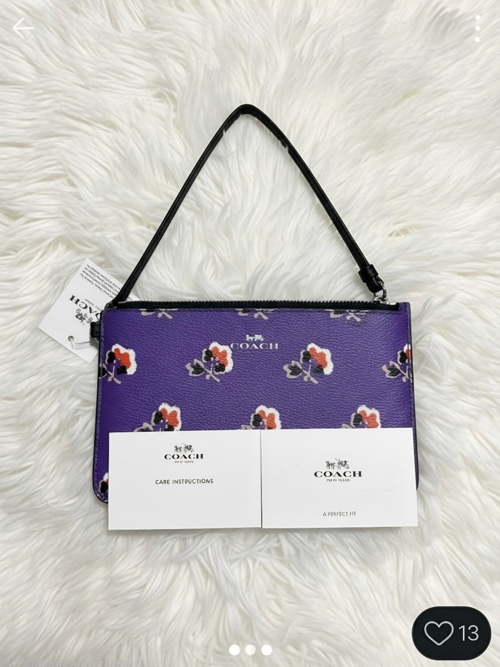 Coach Purple Floral Wristlet with Black Strap